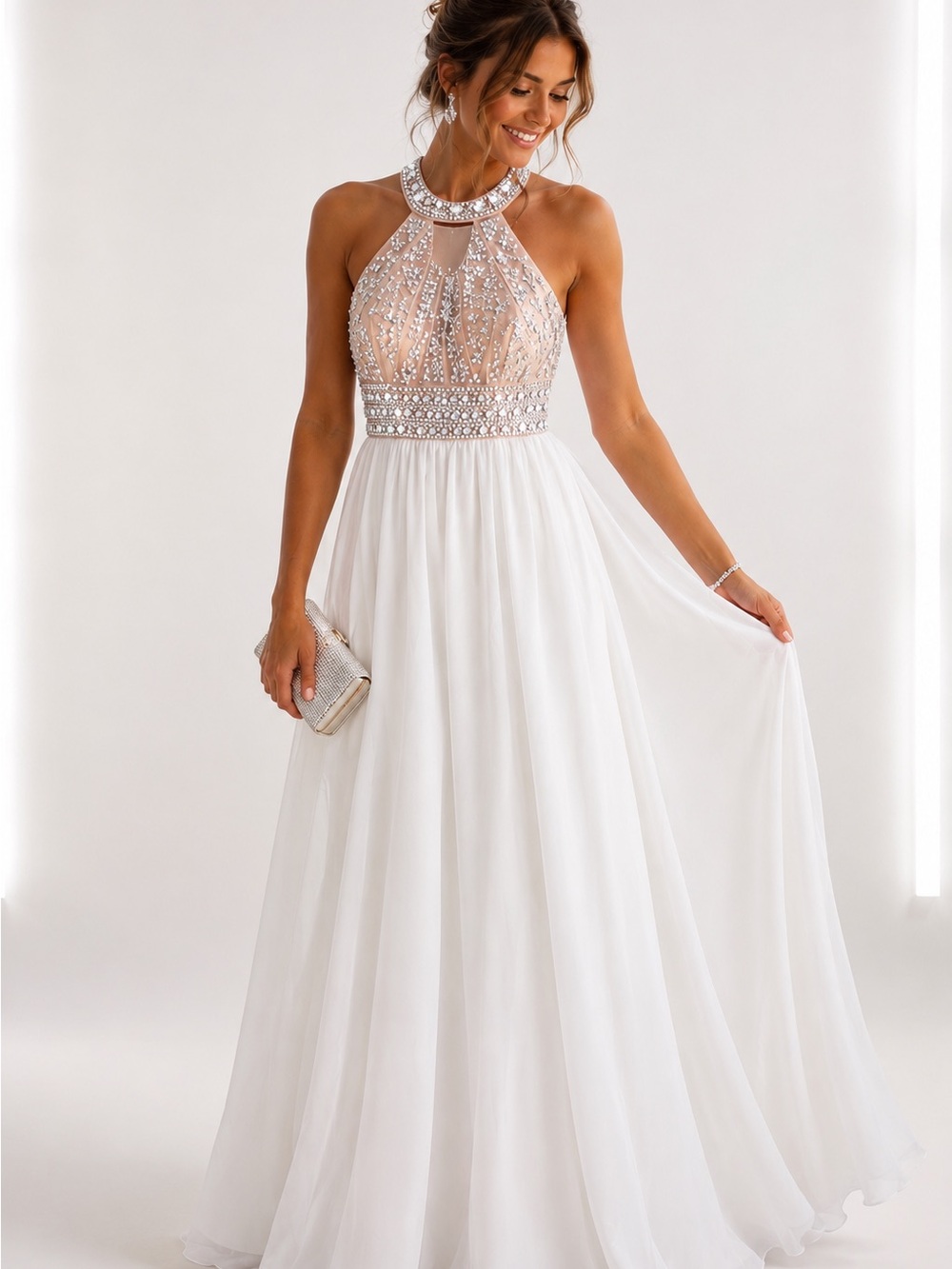 Embellished Halter White Evening Dress